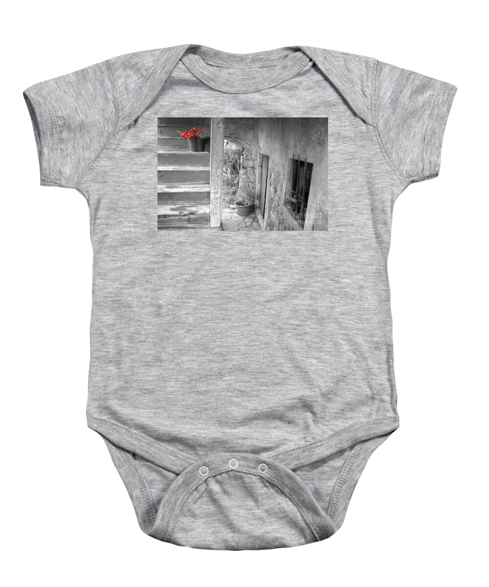 Abandoned Baby Onesie featuring the photograph Survivor On The Stairs by David Birchall