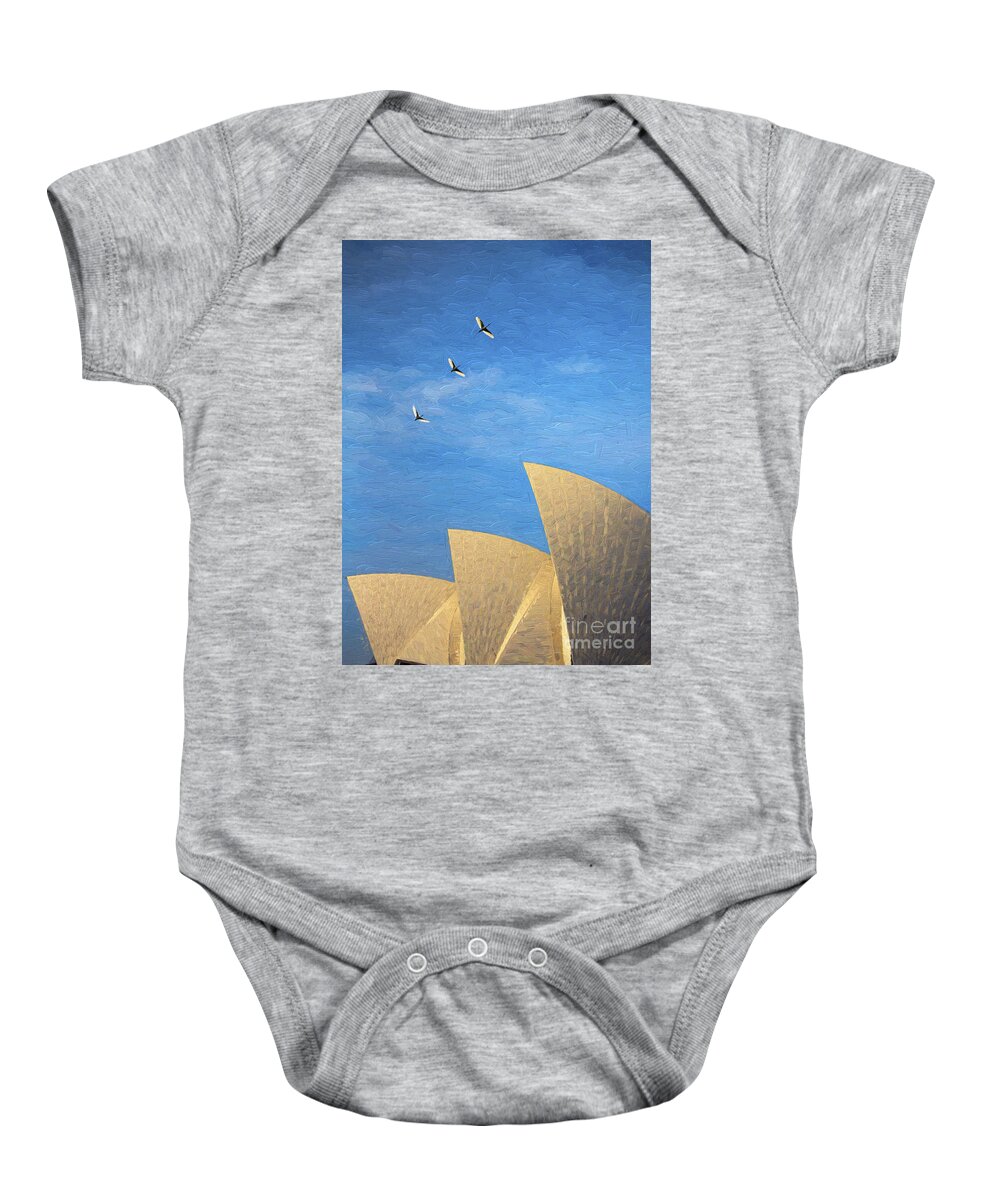 Sydney Opera House Baby Onesie featuring the photograph Sydney Opera House with sacred ibis by Sheila Smart Fine Art Photography