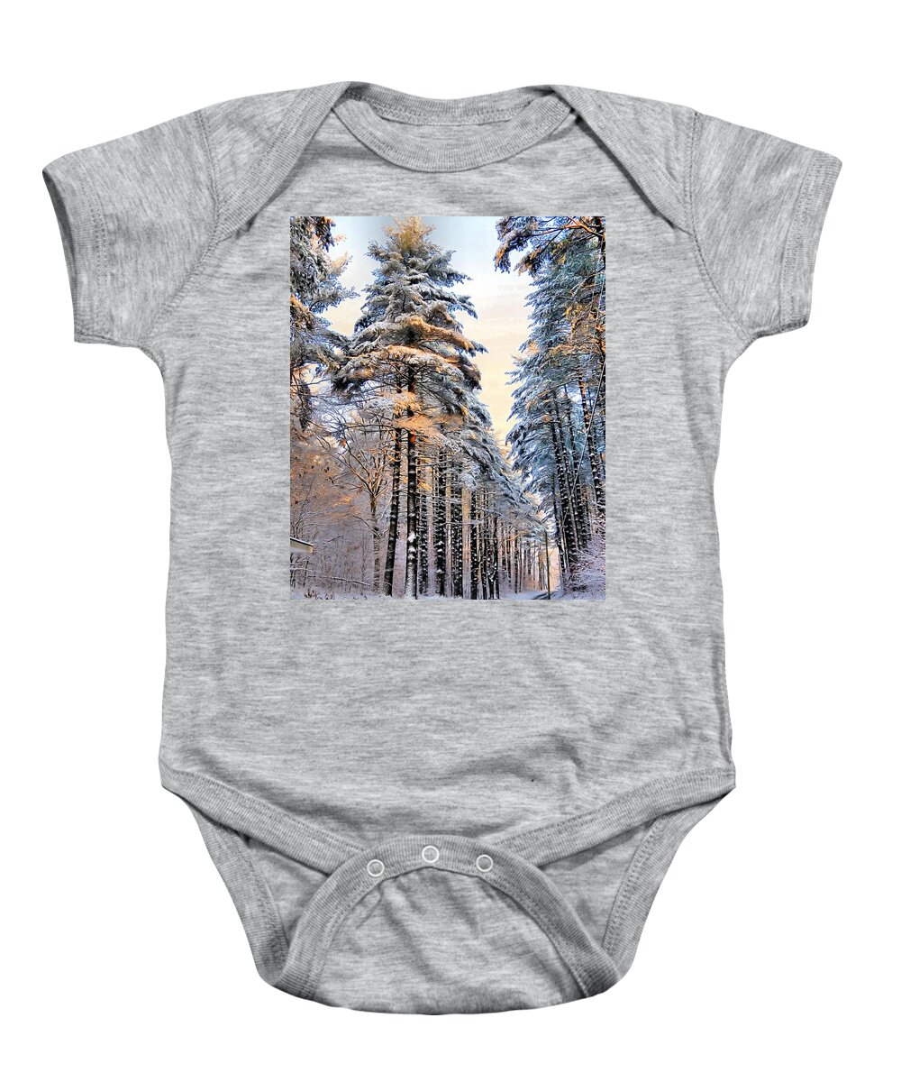 Pines Baby Onesie featuring the photograph Tall snowy pines by Janice Drew