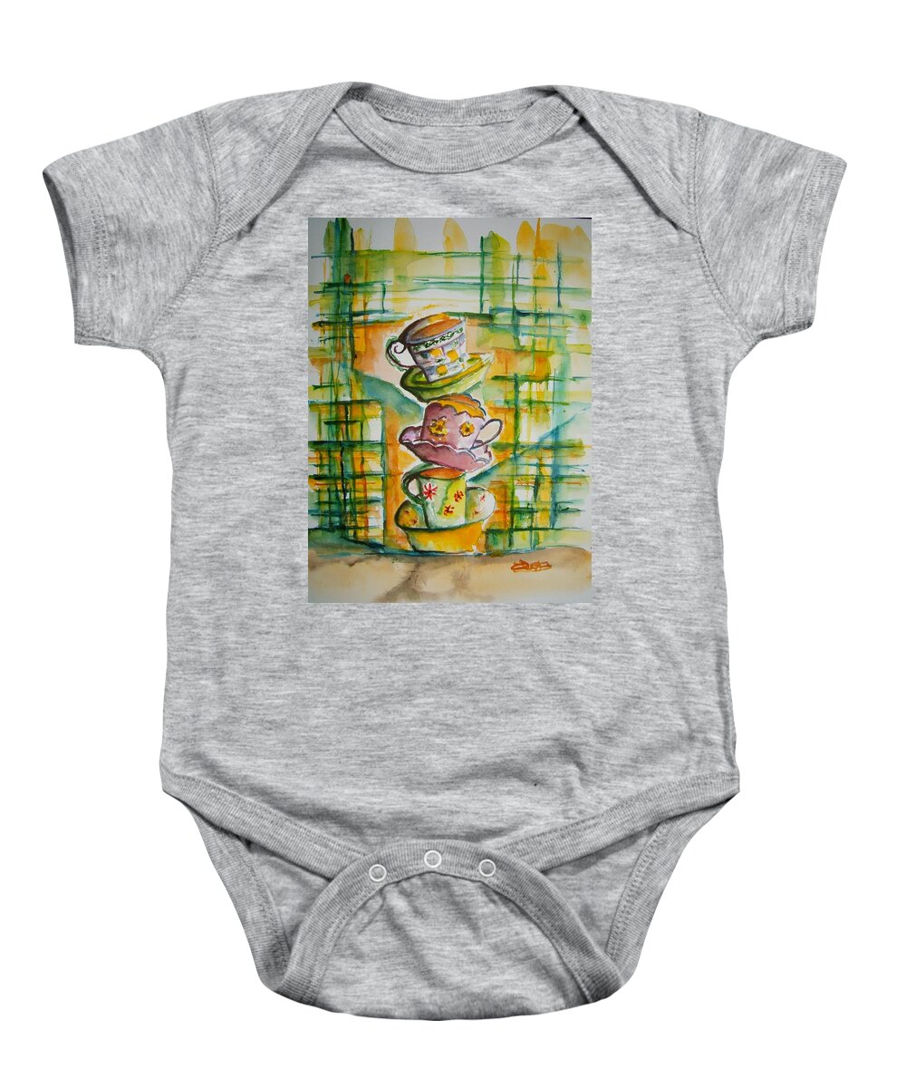 Tea Baby Onesie featuring the painting Teacup Tower by Elaine Duras