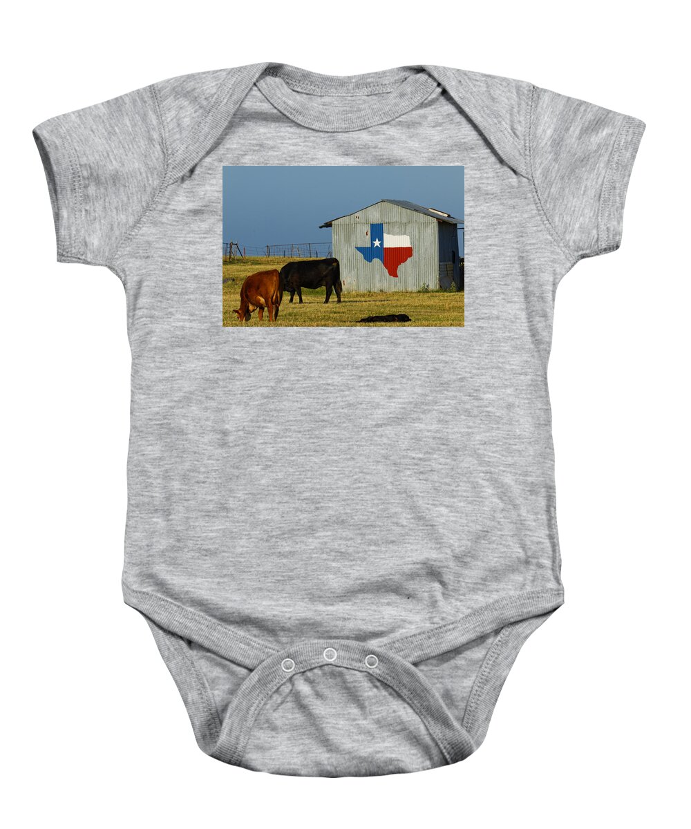 Texas Baby Onesie featuring the photograph Texas Farm with Texas Logo by Jonathan Davison