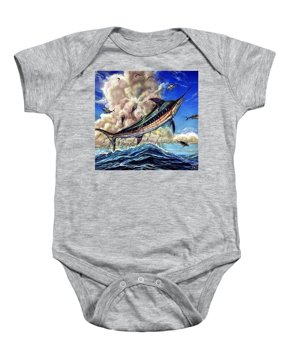 Blue Marlin Baby Onesie featuring the painting The Grand Challenge Marlin by Terry Fox