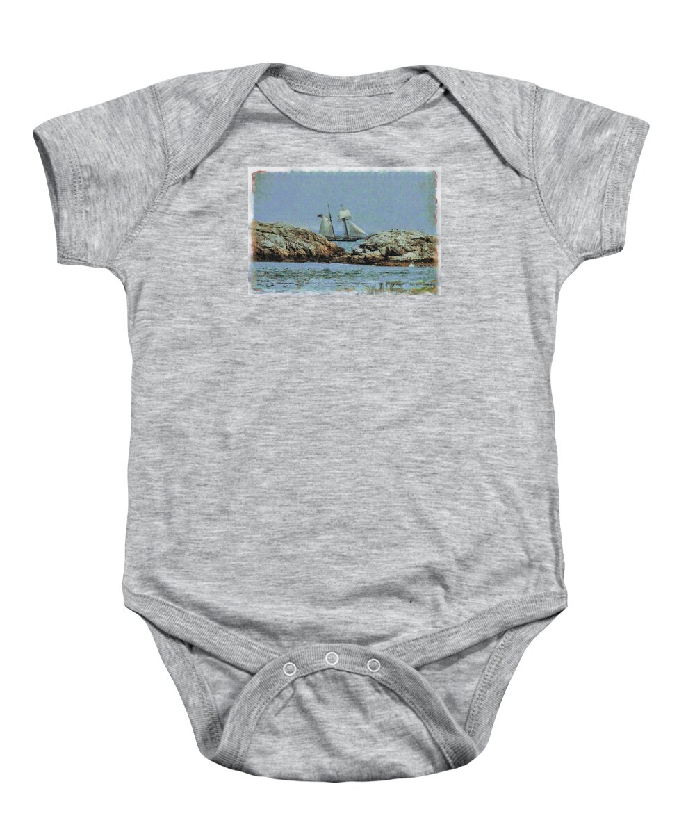 1812 Baltimore Clipper Schooner Baby Onesie featuring the photograph The Lynx seen past the dangerous rocks off Marblehead MA. by Jeff Folger