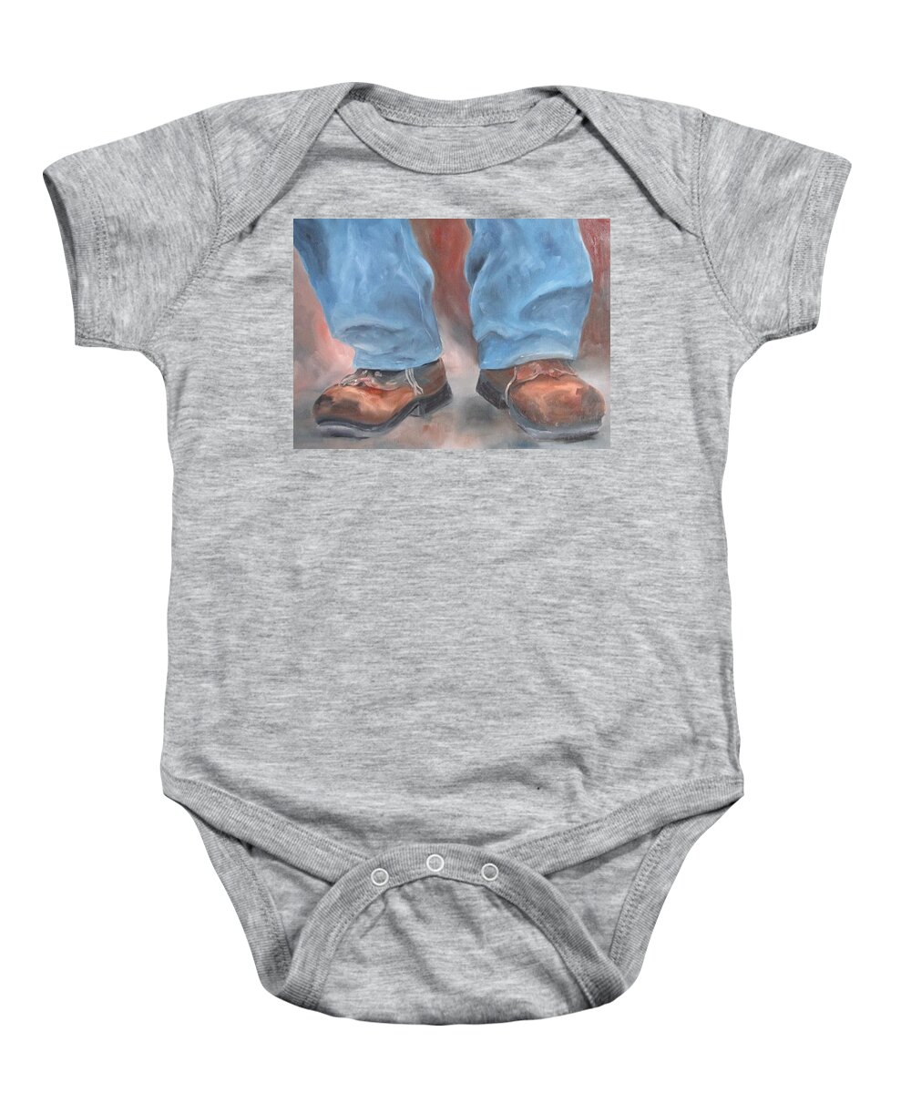 Suede Shoes Baby Onesie featuring the painting The Musician's Shoes by Susan Richardson