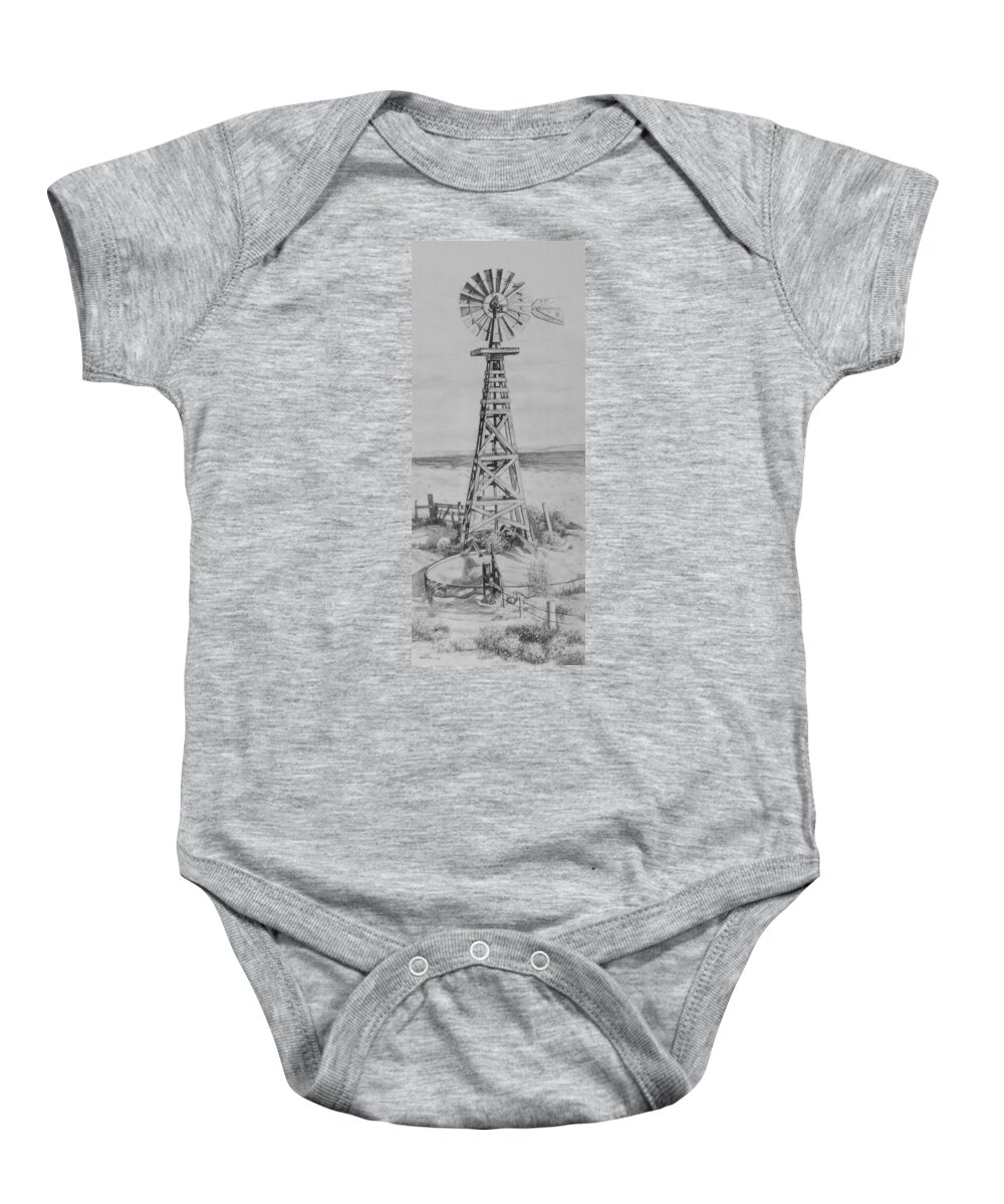 Art Baby Onesie featuring the drawing Lonely Windmill by Bern Miller