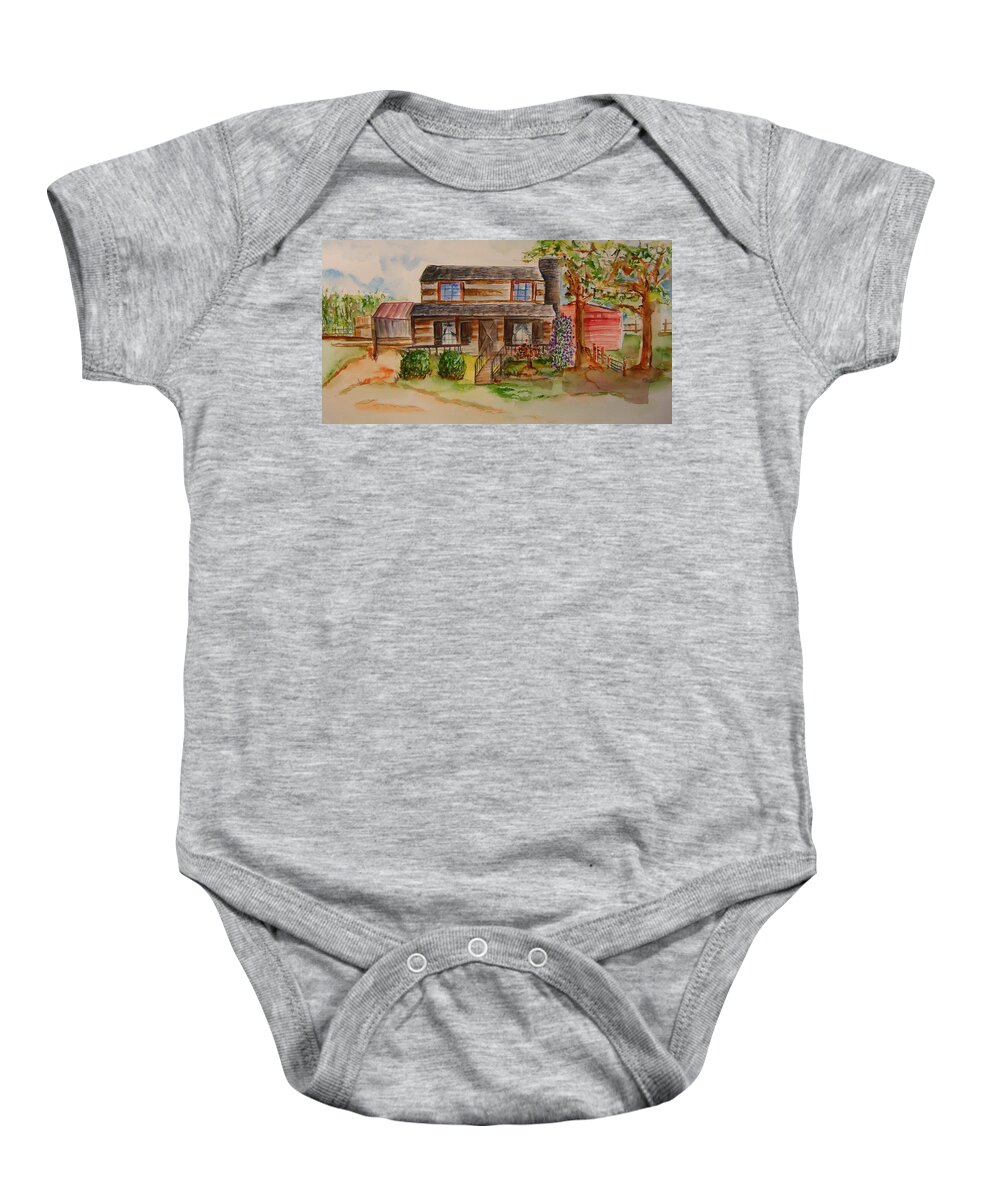 Cabin Baby Onesie featuring the painting The Red Sleigh Shoppe by Elaine Duras