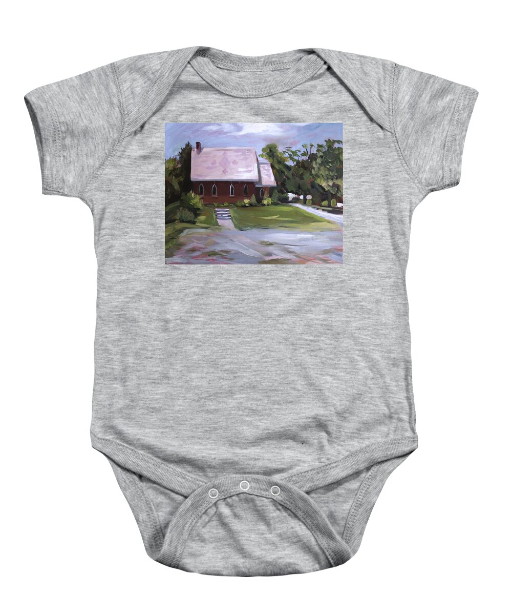Churches Baby Onesie featuring the painting The Wyben Union Church by Nancy Griswold