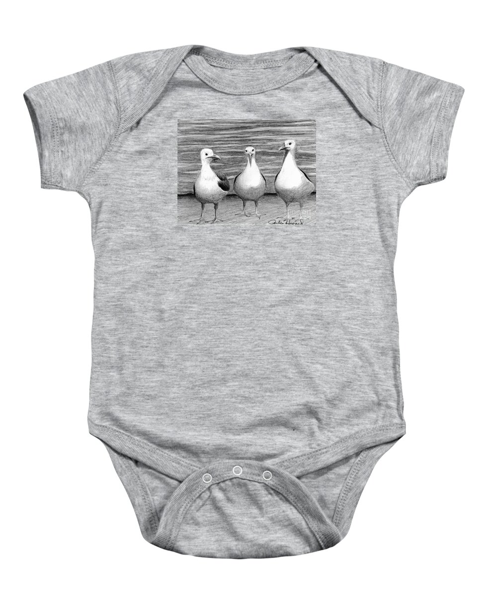 Sea Gulls Baby Onesie featuring the drawing Three Amigos by Phyllis Howard