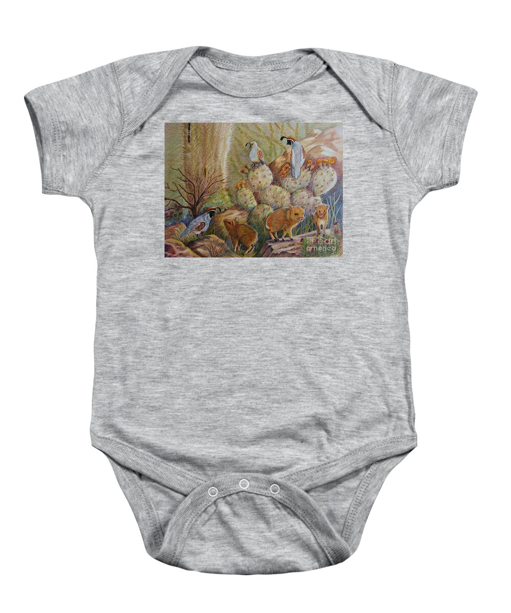 Desert Wildlife Baby Onesie featuring the drawing Three Little Javelinas by Marilyn Smith