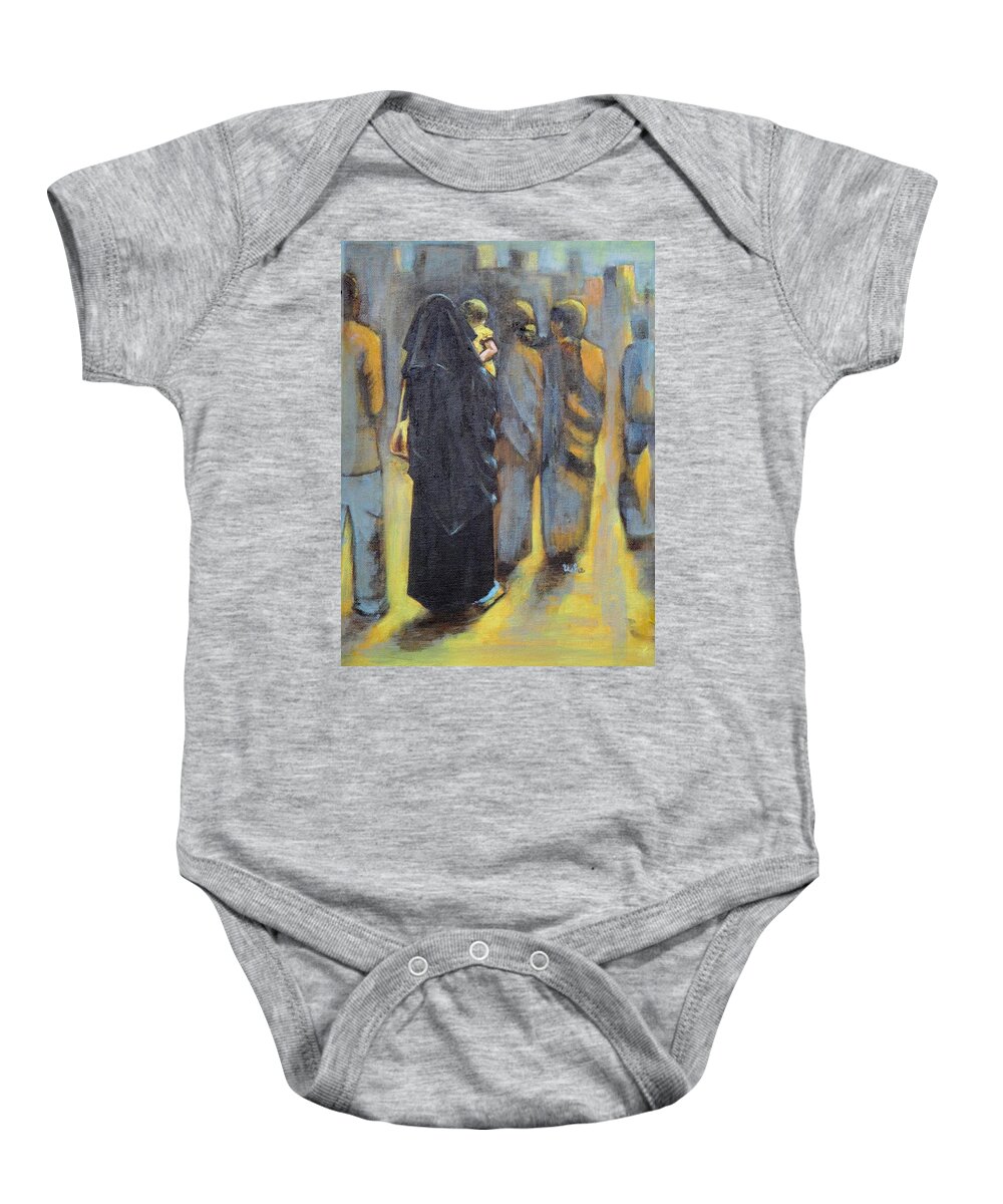 To Shopping With Mom Baby Onesie featuring the painting To shopping with Mom by Usha Shantharam