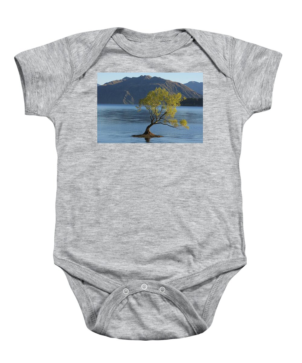 New Zealand Baby Onesie featuring the photograph Tree in Lake Wanaka by Stuart Litoff