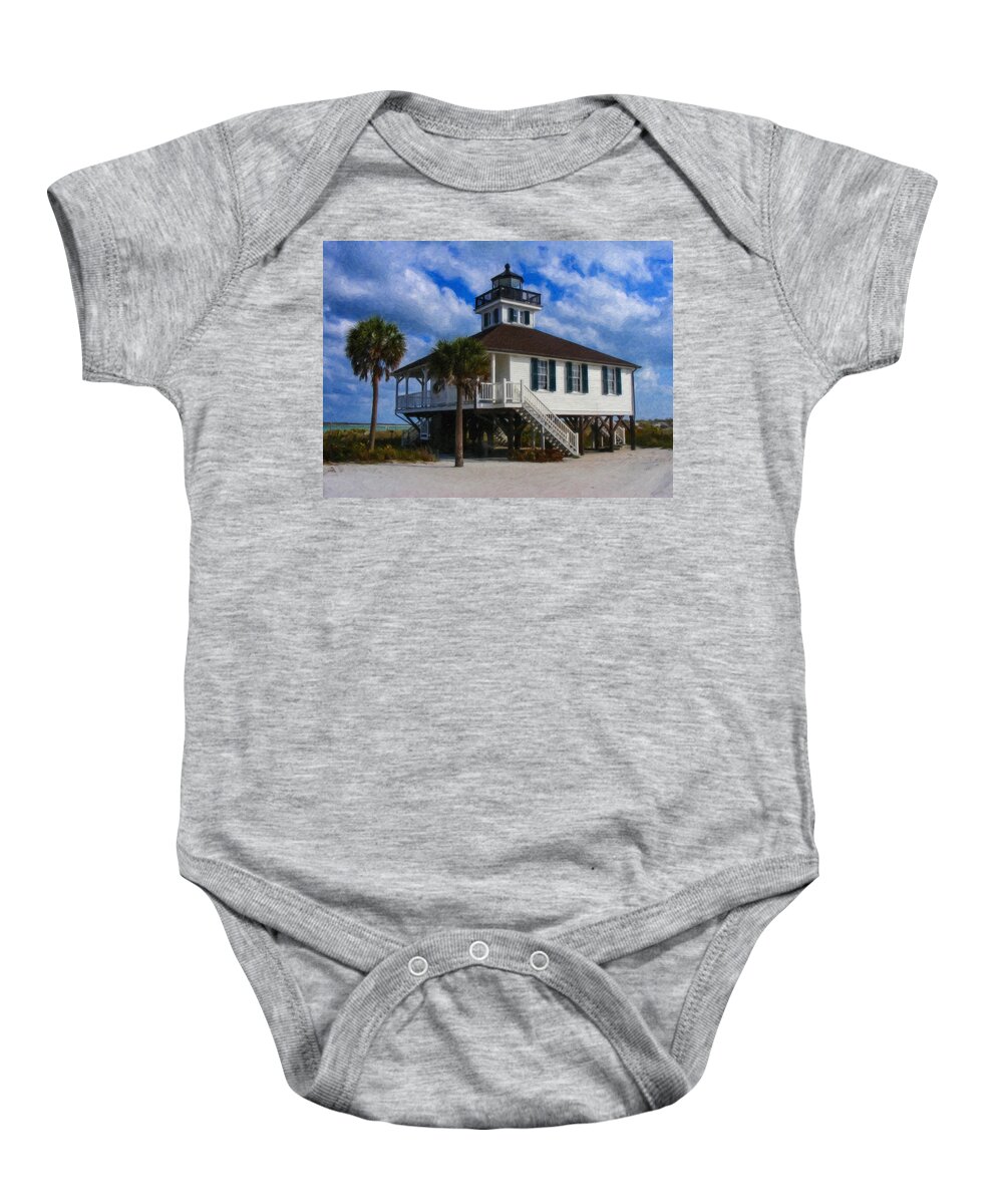 Lighthouse; Water; Waterscape; Beach; Florida; Landscape; Architecture; Oil Painting; Dean; Dean Wittle; Art For Sale; Renowned; Acclaimed; Artist; Fine Art; Featured In Faa Groups; Baby Onesie featuring the painting Tropical Lighthouse by Dean Wittle