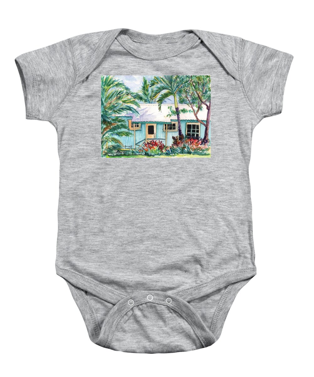 Kauai Cottage Baby Onesie featuring the painting Tropical Vacation Cottage by Marionette Taboniar