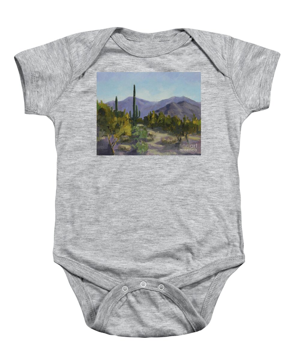 Saguaro Baby Onesie featuring the painting The Serene Desert by Maria Hunt