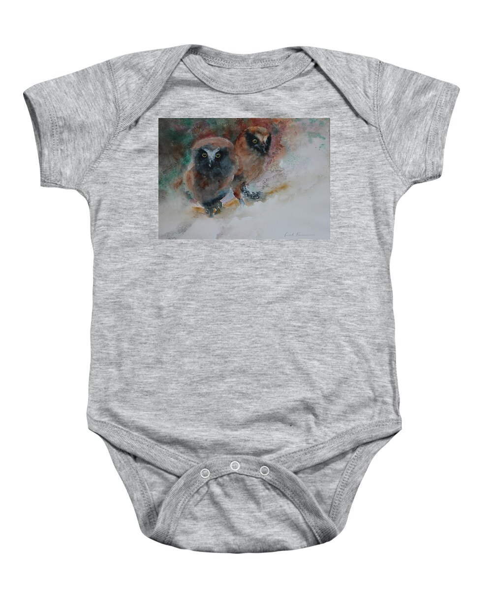Owls Baby Onesie featuring the painting Two Hoots by Ruth Kamenev