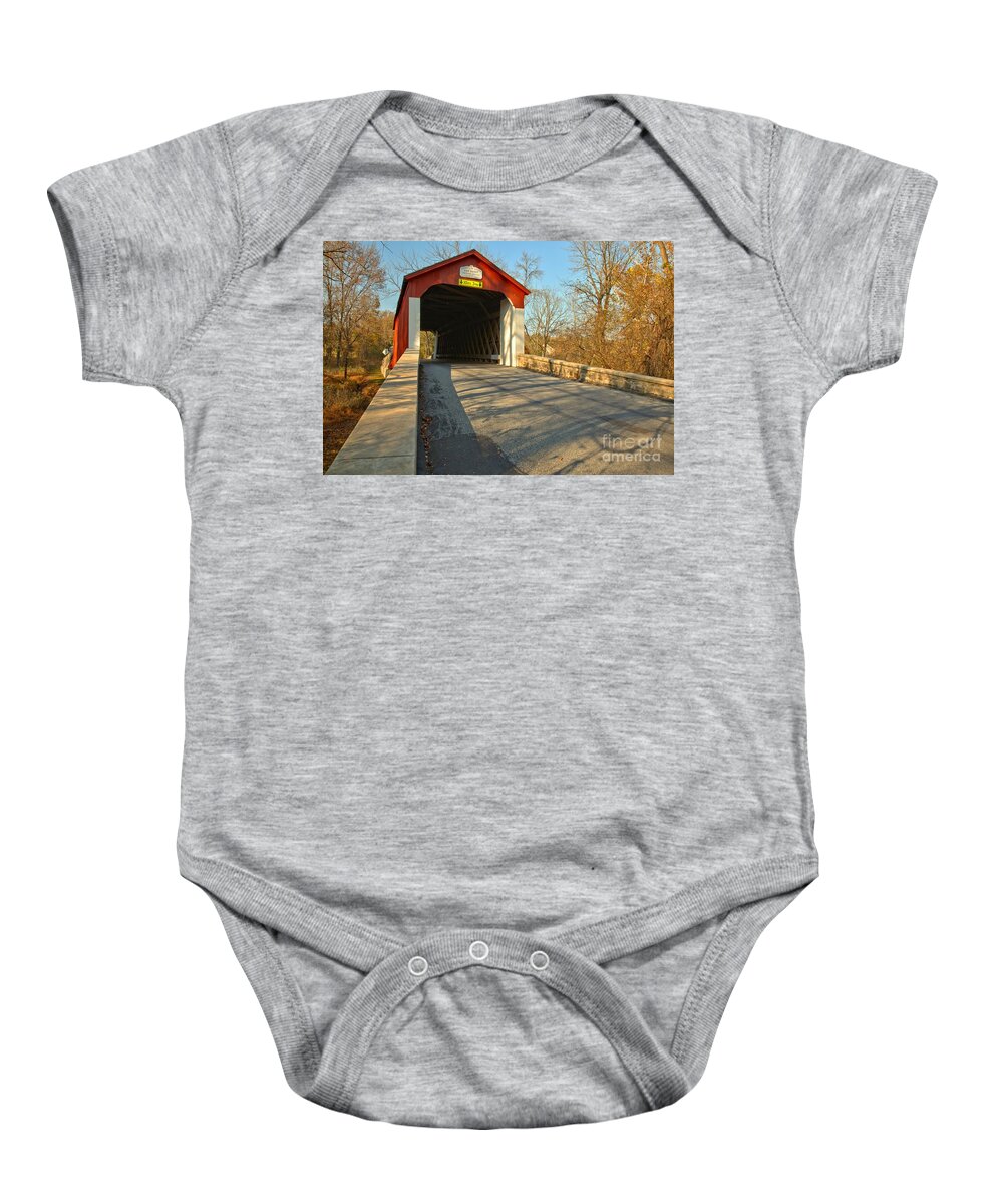 Can Sant Covered Bridge Baby Onesie featuring the photograph Van Sant Covered Bridge by Adam Jewell