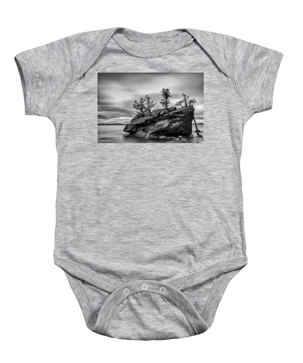 Vermont Baby Onesie featuring the photograph Vermont Lake Champlain boulder trees black and white by Andy Gimino