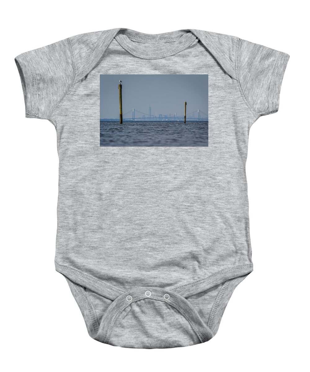 Bayshore Waterfront Baby Onesie featuring the photograph Verrazano-Narrows bridge and NYC skyline from Port Monmouth by SAURAVphoto Online Store