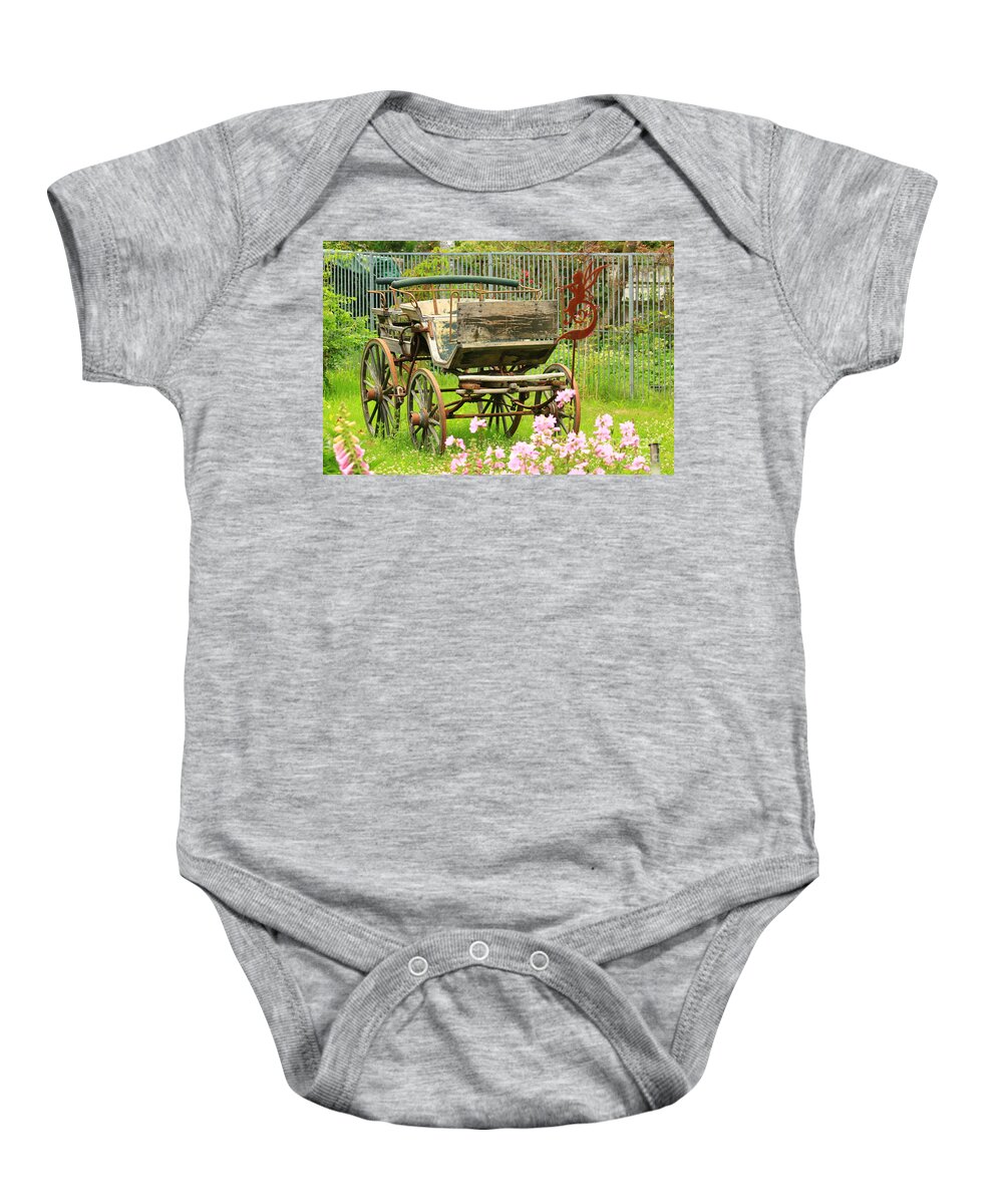 Aged Baby Onesie featuring the photograph Vintage horse carriage in a flower bed by Amanda Mohler