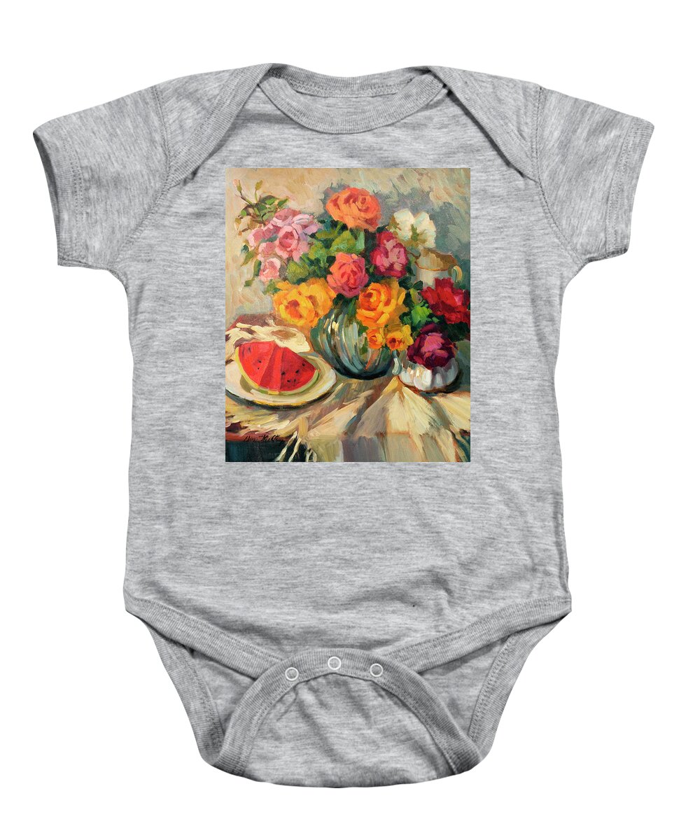 Watermelon And Roses Baby Onesie featuring the painting Watermelon and Roses by Diane McClary