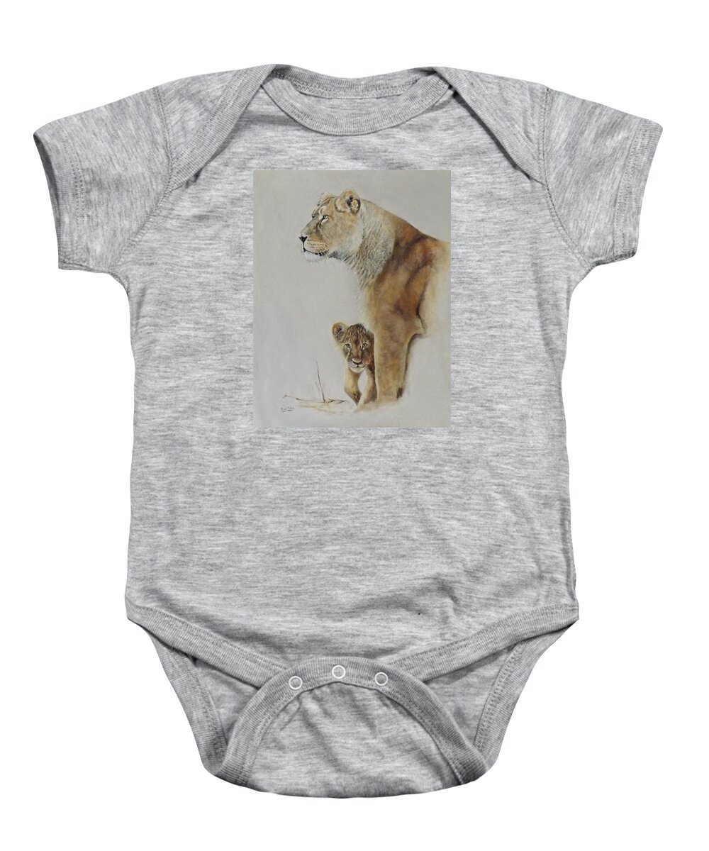 Lion. Lioness Baby Onesie featuring the painting What's Up Mum by Barry BLAKE
