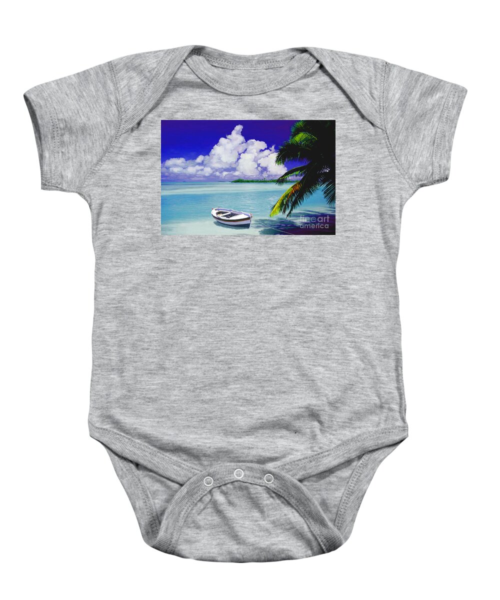 Tropical Baby Onesie featuring the painting White boat on a tropical island by David Van Hulst