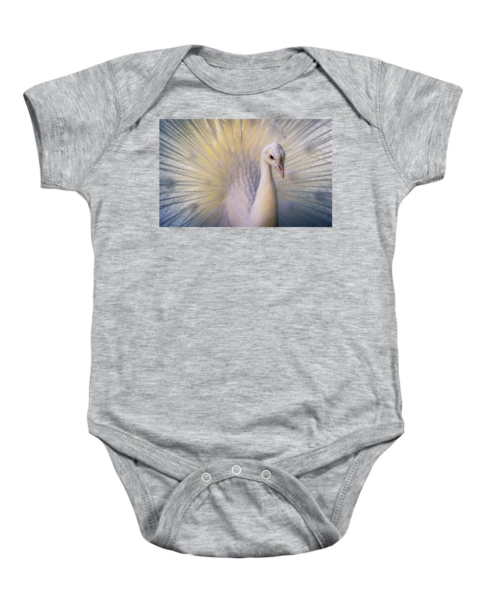 Albinism Baby Onesie featuring the photograph White Indian Peafowl by Traveler's Pics