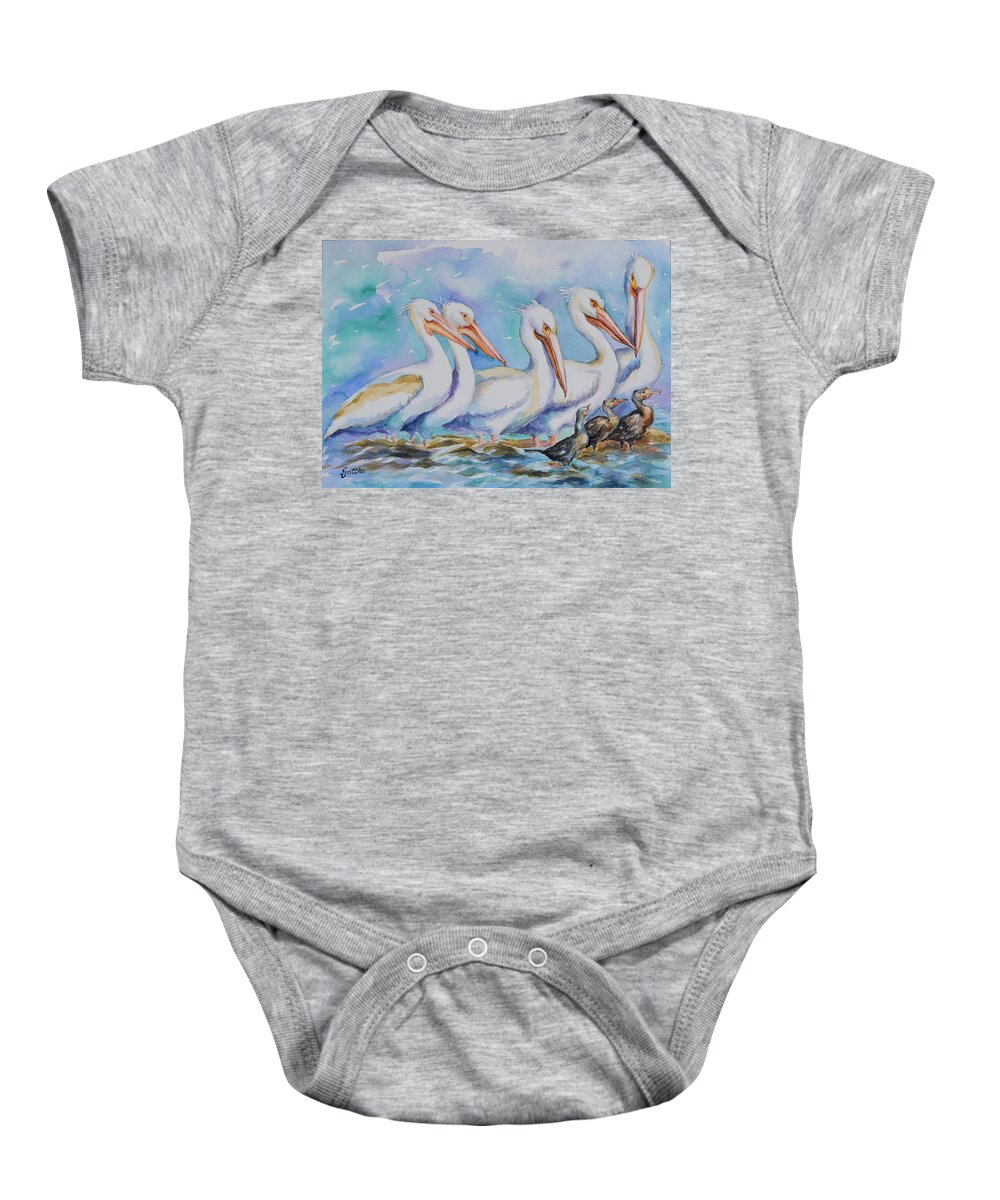 White Pelicans Baby Onesie featuring the painting White Pelicans by Jyotika Shroff