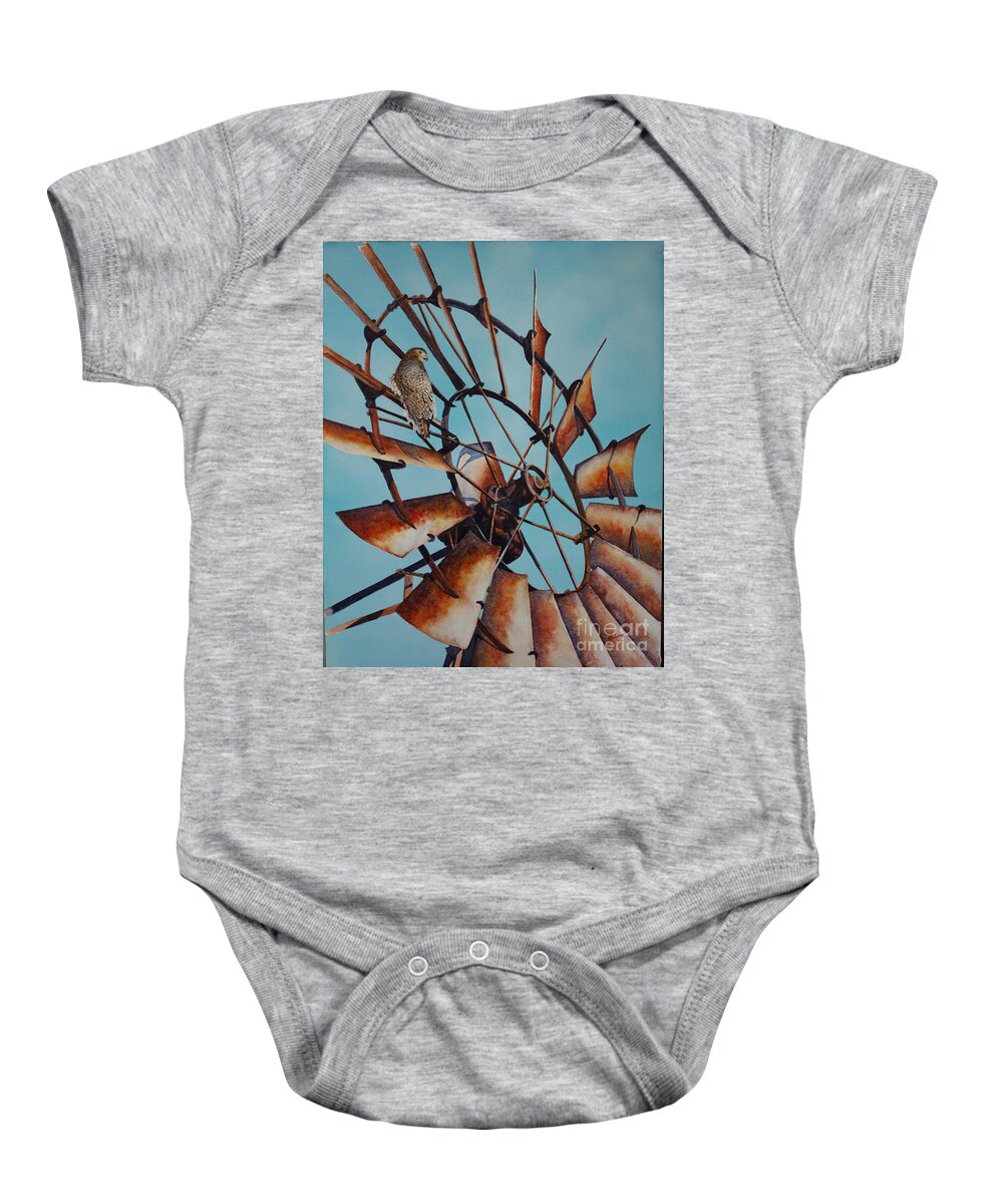 Windmill Baby Onesie featuring the painting Windmill and Hawk by Greg and Linda Halom