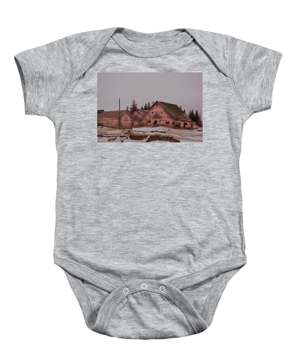 Rustic Baby Onesie featuring the photograph Winter Barns by Bonfire Photography