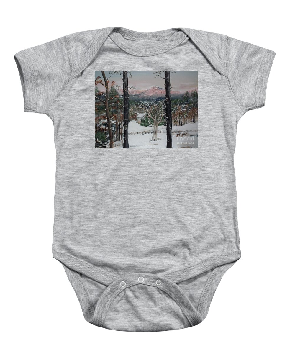 Winter.appalachian Baby Onesie featuring the painting Winter - Cabin - Pink Knob by Jan Dappen