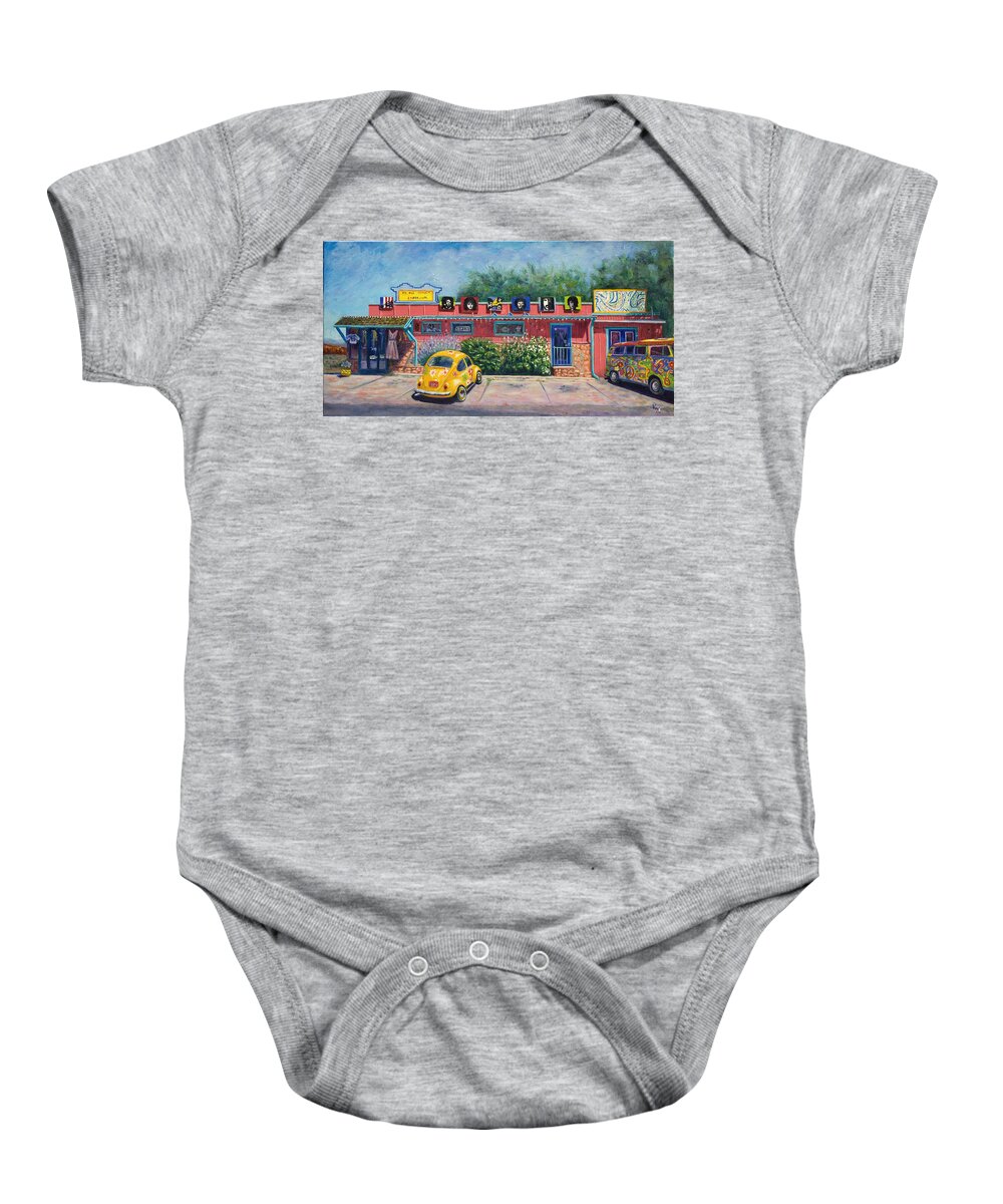 Hippie Baby Onesie featuring the painting Ye Ole Hippie Emporium by Patty Kay Hall