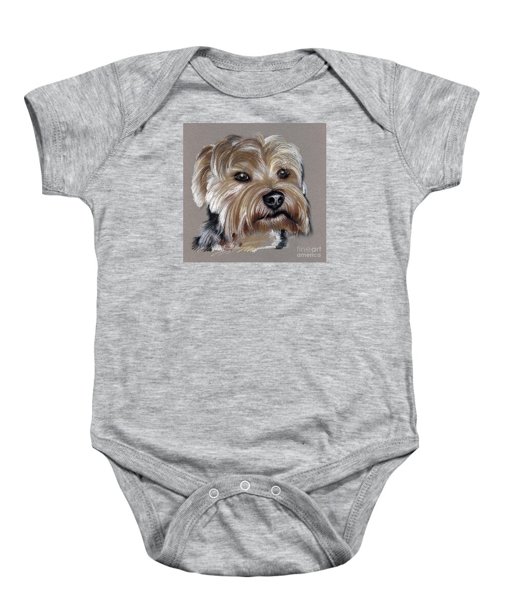 Yorkshire Baby Onesie featuring the drawing Yorkshire Terrier- drawing by Daliana Pacuraru