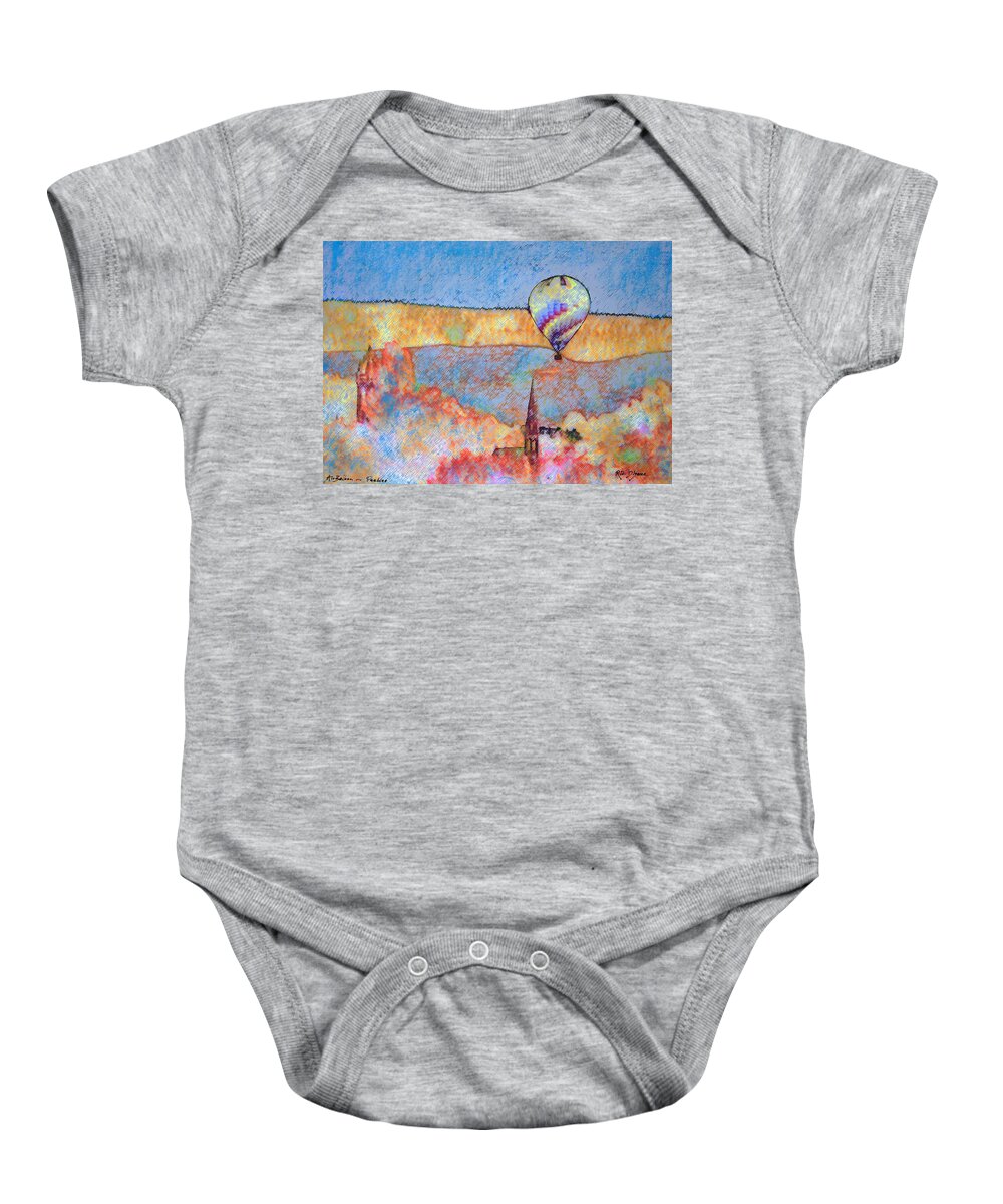Digance Baby Onesie featuring the painting Air Balloon over Peeebles by Richard James Digance