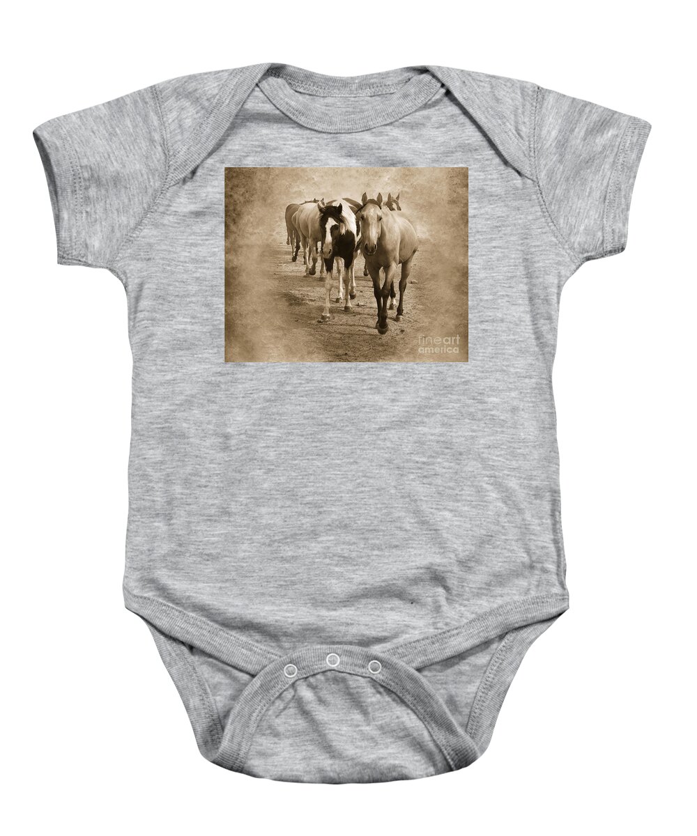 American Quarter Horse Baby Onesie featuring the photograph American Quarter Horse Herd in Sepia by Betty LaRue