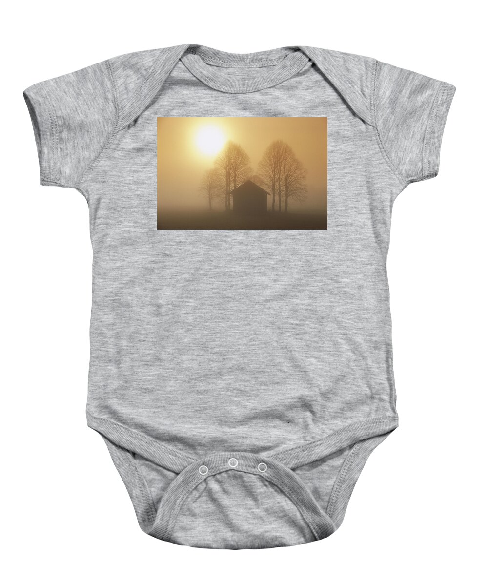 Mp Baby Onesie featuring the photograph Barn, Trees And Sun Shining by Konrad Wothe