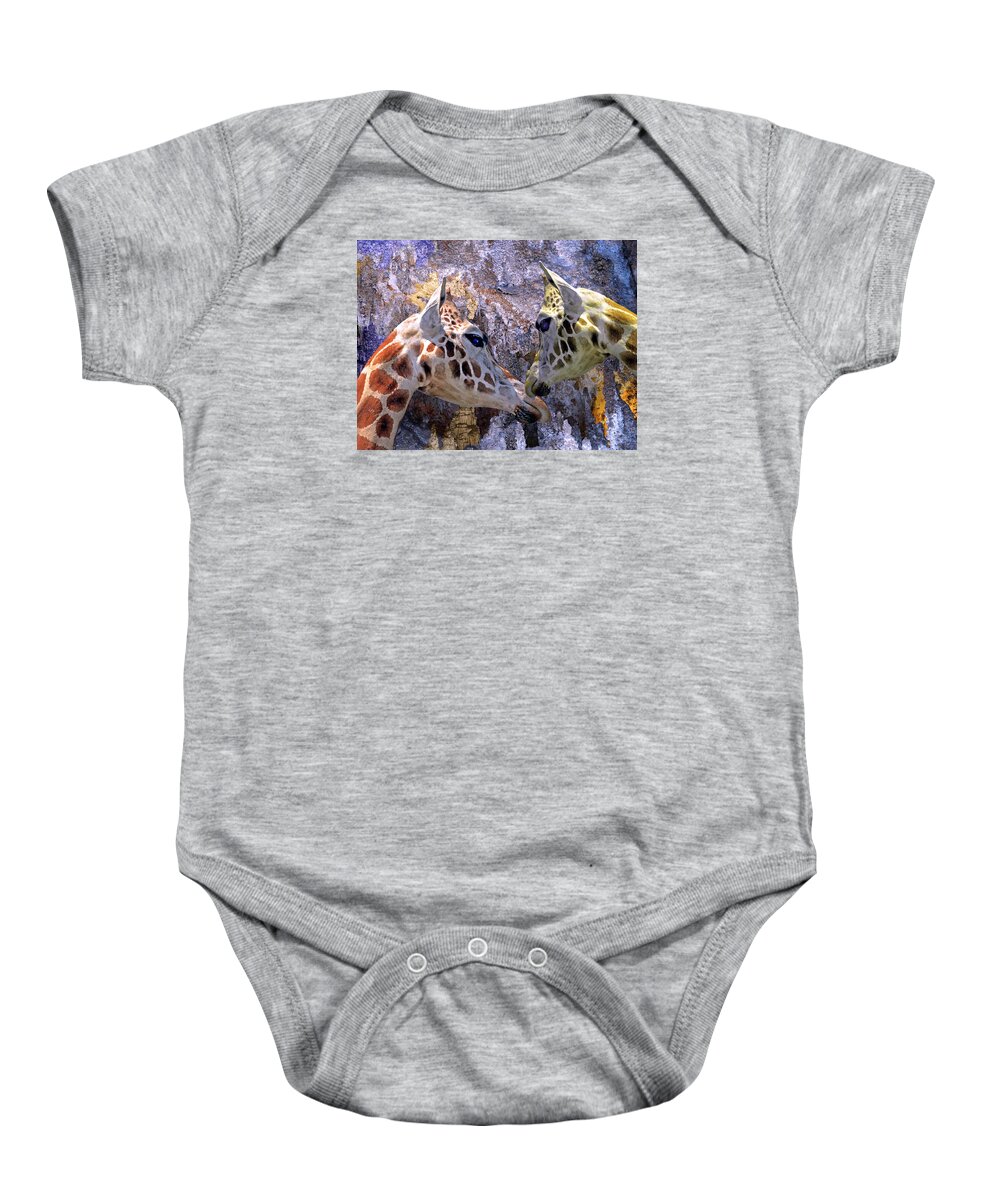 Animal Baby Onesie featuring the mixed media Blue Cave Giraffes by Lynda Lehmann