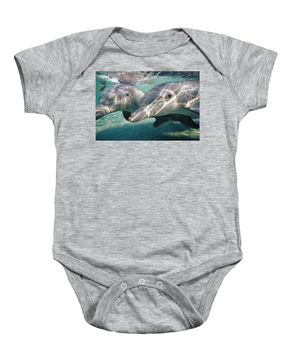 00087645 Baby Onesie featuring the photograph Bottlenose Dolphin Underwater Pair by Flip Nicklin