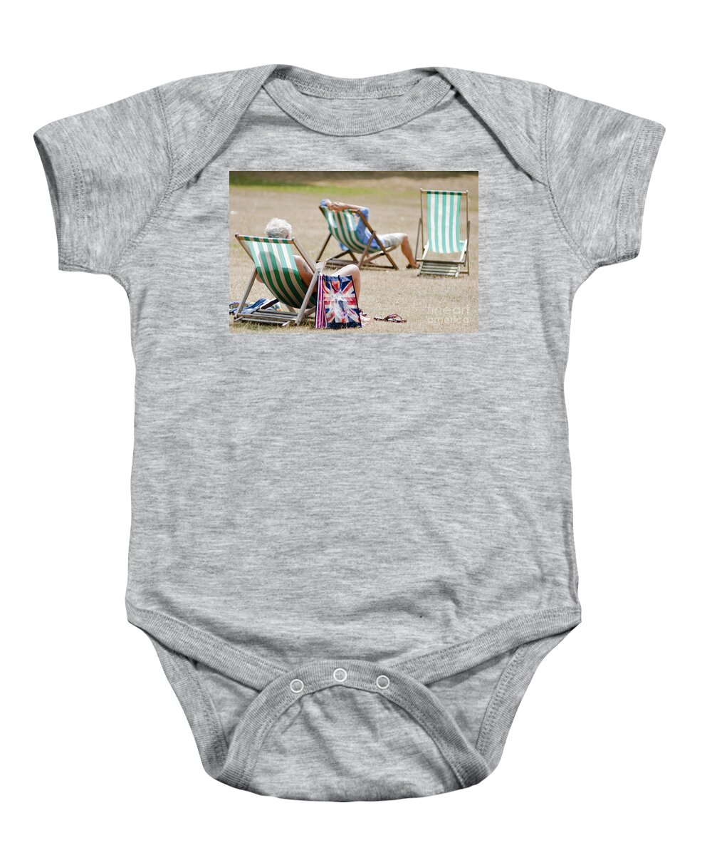 Britain Baby Onesie featuring the photograph British Deck chairs by Andrew Michael