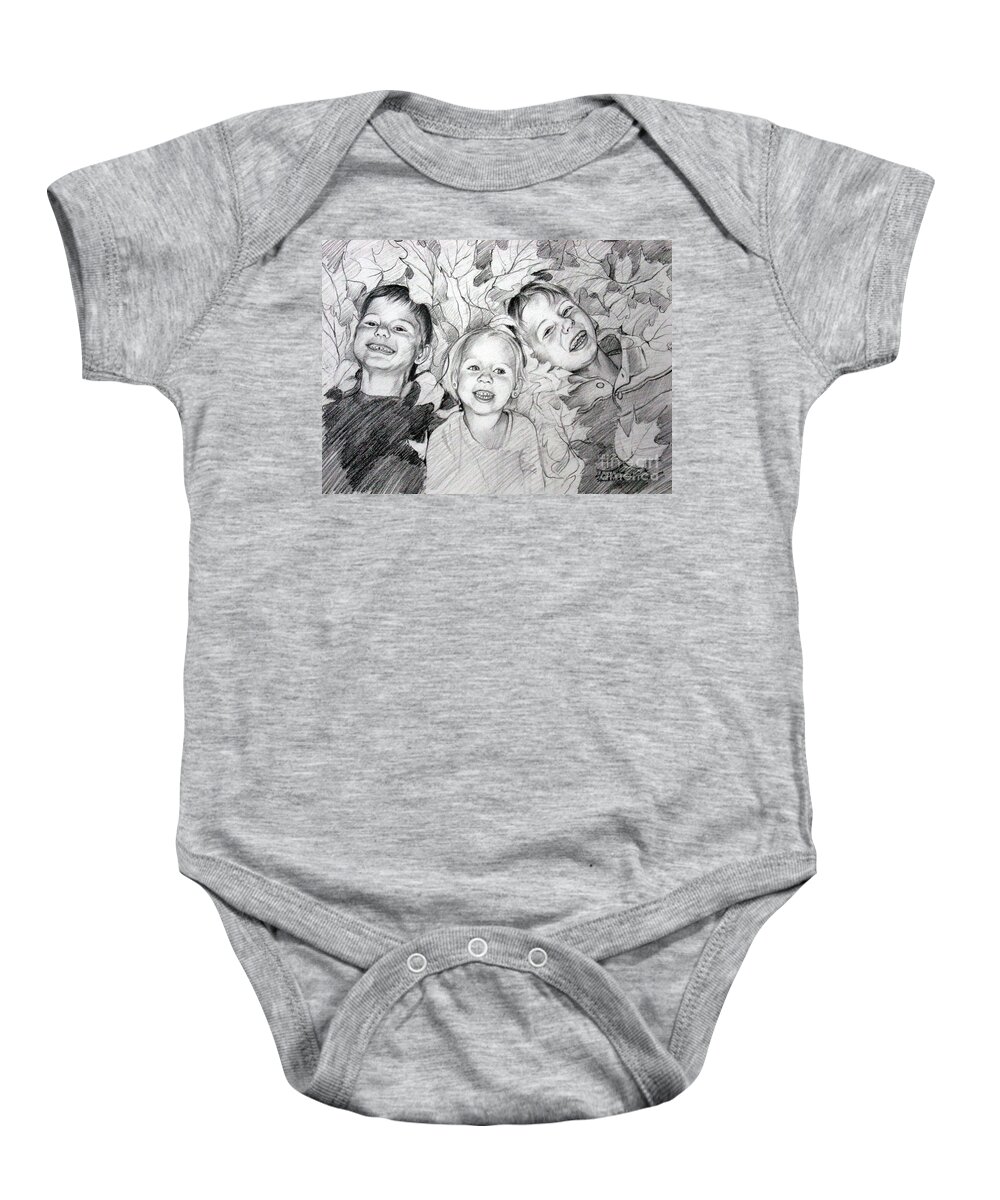 Children Baby Onesie featuring the drawing Children playing in the fallen leaves by Christopher Shellhammer