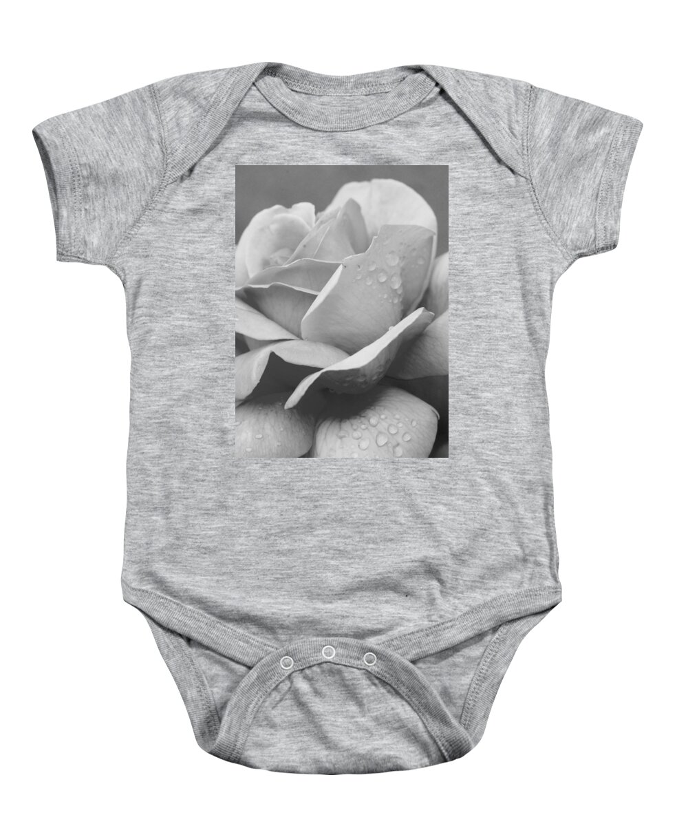 Rose Baby Onesie featuring the photograph Dewy Black and White Rose by Amy Fose