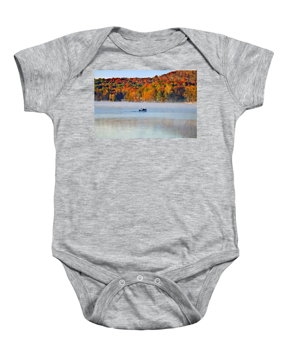 Silhouette Baby Onesie featuring the photograph Fishing Boat in Morning Fog by Susan Leggett