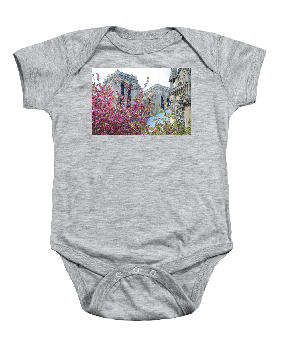 Notre Dame Baby Onesie featuring the photograph Flowering Notre Dame by Jennifer Ancker