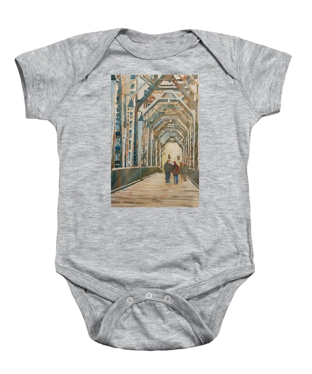 Railroad Baby Onesie featuring the painting Foggy Morning on the Railway Bridge One by Jenny Armitage