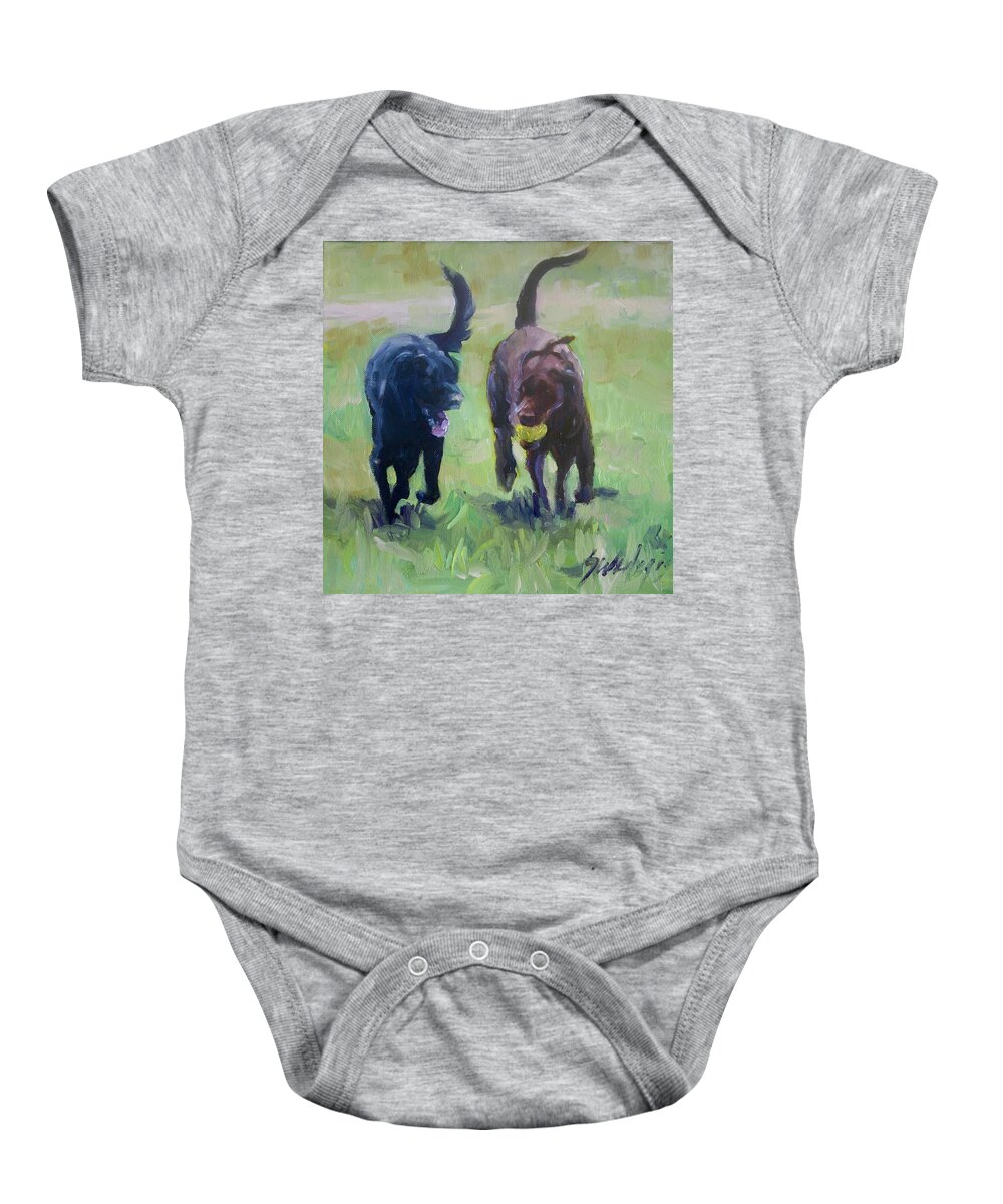 Chocolate Lab Baby Onesie featuring the painting Forever Friends by Sheila Wedegis
