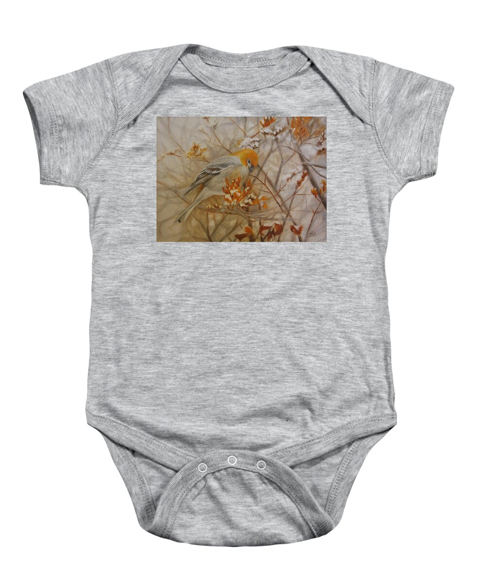 Pine Grosbeak Baby Onesie featuring the painting Generous Provision by Tammy Taylor