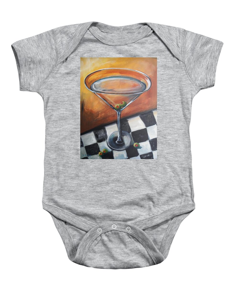Marrtini Baby Onesie featuring the painting Martini on Checkered Tablecloth by Donna Tuten