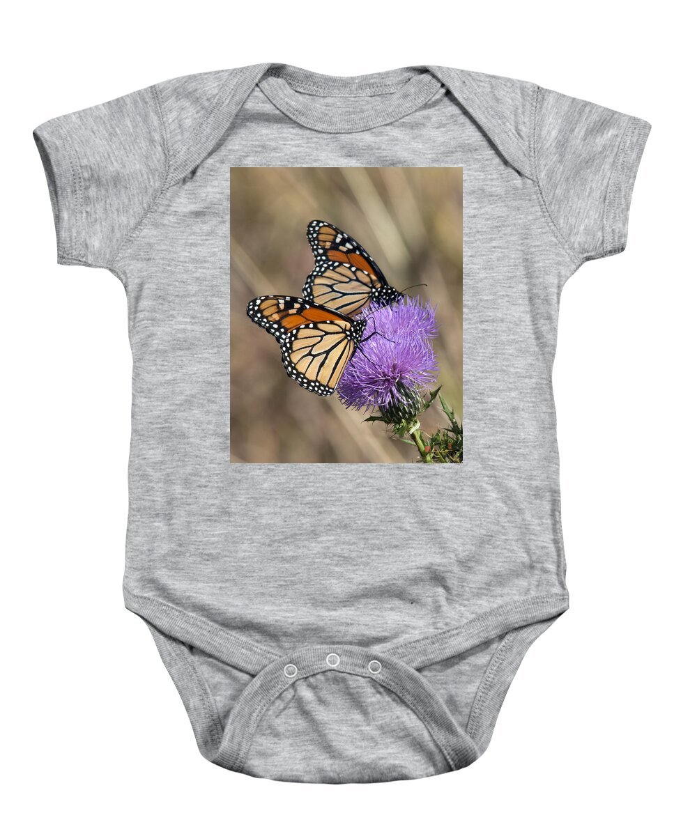 Marsh Baby Onesie featuring the photograph Monarch Butterflies on Field Thistle DIN162 by Gerry Gantt