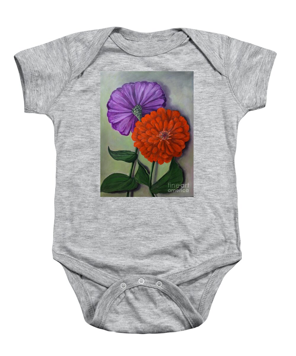 Zinnias Baby Onesie featuring the painting Orange and Violet Zinnias by Rand Burns