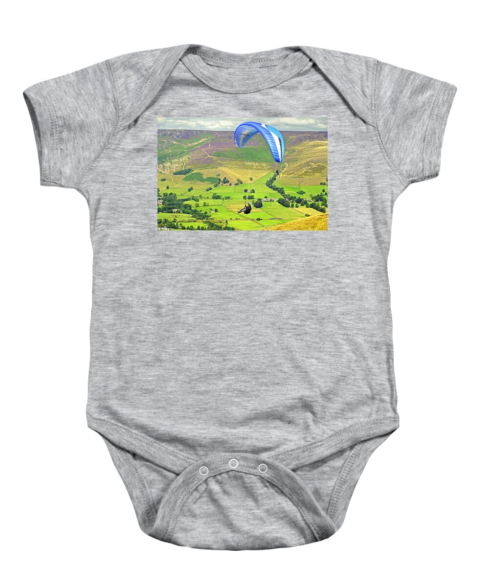 Derbyshire Baby Onesie featuring the photograph Paragliding off Mam Tor 01 by Rod Johnson